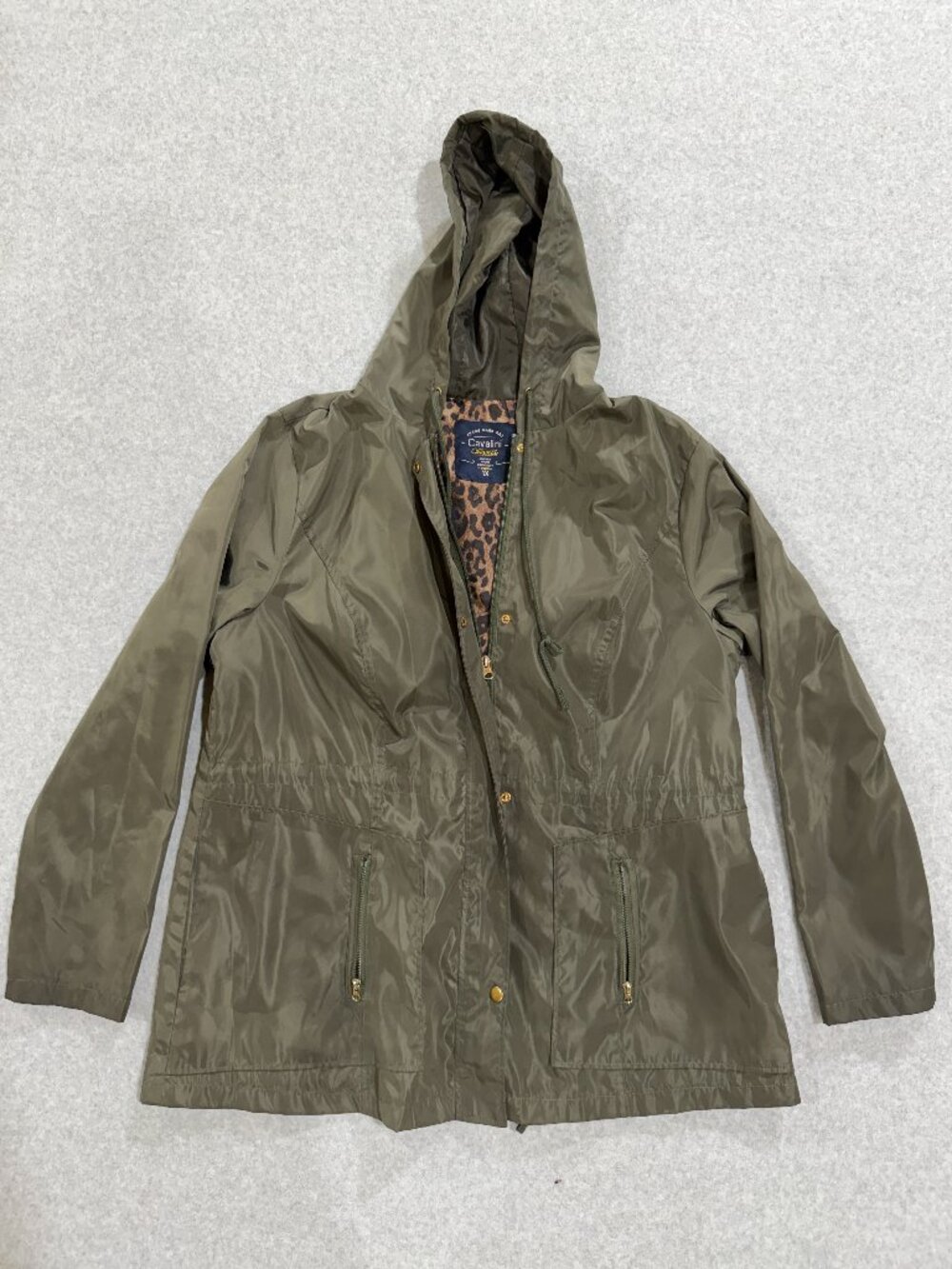 Cavalini Original Womens 1X Olive Green Windbreaker Jacket Hooded Leopard Lined